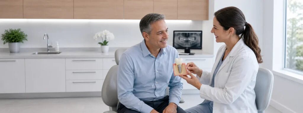 Dentist showing a jaw model with a dental implant to a patient in Dover, NJ