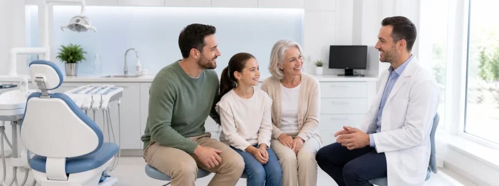 Dentist reviewing dental x-rays on a tablet with a parent and child in Dover, NJ