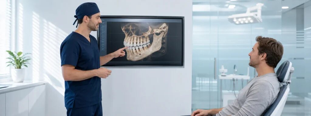 Oral surgeon reviewing a 3D CBCT jaw scan before surgery in Dover, NJ