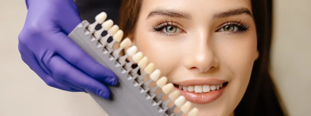 Dentist matching a shade guide to a patient smile before porcelain veneers in Dover, NJ
